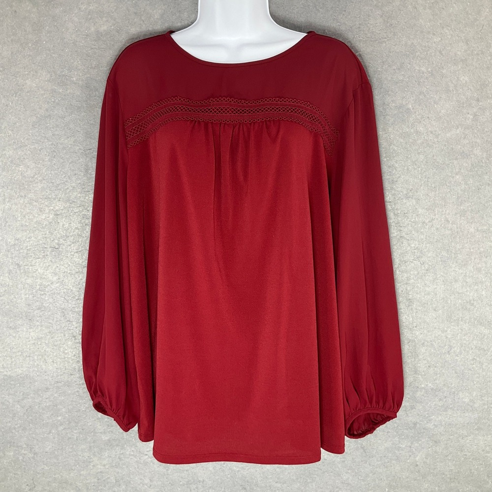 The Limited Top Womens Sz 1X Career Red Balloon Sleeve Flowy Lace Romantic